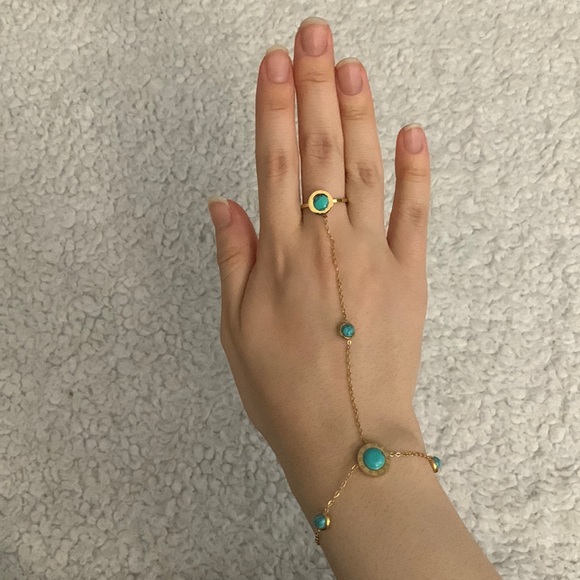 Turquoise and Gold Roman Numeral Hand Chain - Picture 4 of 17